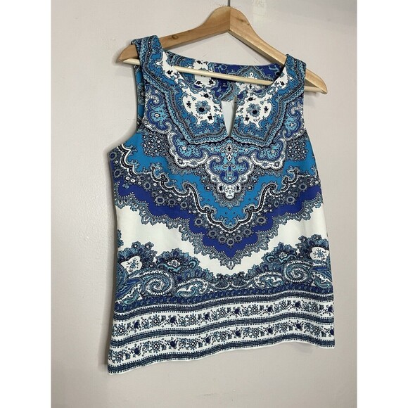 RSVP by Talbots Top womens 6p sleeveless vneck blue white Side Zip Paisly Print - Picture 2 of 9